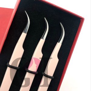 Haute qualité pêche couleur poudre revêtement incurvé argent pointe Extension de cils pince à épiler Logo personnalisable meilleurs Instruments de beauté - Product Image 1