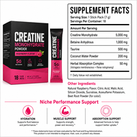 Poudre de créatine en complément alimentaire 5g Créatine monohydrate, Bétaïne anhydre 1000mg, Taurine 500mg, Saveur framboise, 18 sticks