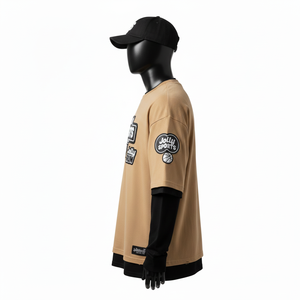 เสื้อยืดผู้ชายผ้าฝ้าย 100% ทรงหลวม พิมพ์ลาย เสื้อยืดแขนยาวสองชั้น สไตล์ใหม่ เสื้อยืดแขนสองชั้นแบบสั่งทำ - Product Image 3