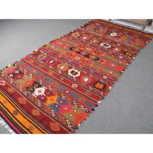 4.7x10.7 ft Rug, Vintage Turkish Large Rug, <b>Red</b> Kilim <b>Wool</b> Rug - Product Image 2