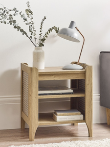 Modern <b>Bedside</b> Table with Open Shelving and Woven Detail - Product Image 5
