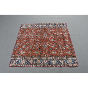 Turkish Vintage Rug 3,7x3,7 ft, <b>Red</b> Abstract <b>Wool</b> Rug - Product Image 2
