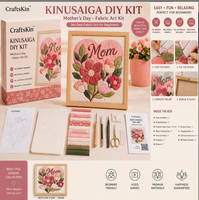 Peinture florale pour la fête des mères Kinusaiga avec tissu, kit de bricolage sans couture pour débutants, décoration murale, coffret cadeau, tous les matériaux inclus