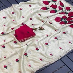 Sari en soie Rangoli doux pour femmes, broderie, travail de pallu magnifique, véritable travail de miroir, bordure découpée, fabriqué en Inde - Product Image 1