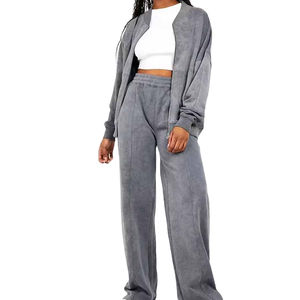 Traje de sudor personalizado de 400 Gsm con lavado ácido bordado desgastado pantalón holgado y conjunto de Sudadera con capucha chándal acampanado para mujer - Product Image 5