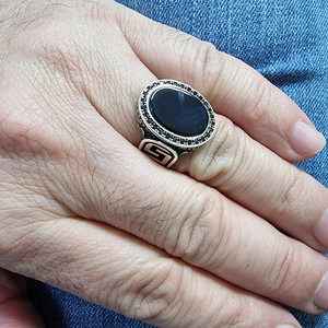Beelo Silver <b>Black</b> <b>Onyx</b> Men's 925 Silver Ethnic Art Design Prong Setting <b>Ring</b> Fine Jewelry Wholesale Hot Sales Made in Turkey - Product Image 4