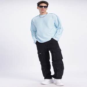 Street Texture Raw Edge T-shirt à épaules tombantes manches longues coupe décontractée vêtements pour hommes côtelés fabriqués en Inde - Product Image 5