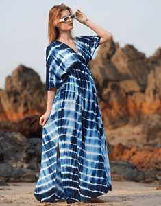 เดรสยาวทรงวีคอ ลายมัดย้อมสีพาสเทลสไตล์โบฮีเมียน สำหรับผู้หญิง เป็นมิตรกับสิ่งแวดล้อม ซักได้ ระบายอากาศดี แขนทรงบอลลูน สไตล์ลำลองแบบคาฟทัน ทรงเข้ารูปบานออก ใส่ได้ในฤดูใบไม้ร่วง - Product Image 4