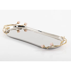 Modern Home Decor Centerpiece Serving Tray Polished Hammered Stainless Steel Oval Serving Tray With Gilt Leaf Floral Accents - Product Image 2