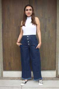 กางเกงยีนส์ผ้าเดนิมแต่งได้สำหรับผู้หญิง, กางเกงยีนส์ทรงตรงขากระบอกทรงหลวมมีกระดุมสี่เม็ดสำหรับงานปาร์ตี้เซ็กซี่ย้อมสีธรรมดาเอวโลโก้ - Product Image 4