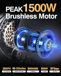 Bici elettrica Adults-1500W per motore 24 "grasso 28mph batteria al litio 624-1248Wh rimovibile telaio in alluminio 12 velocità EBike - Product Image 3