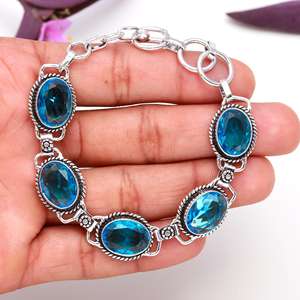 Pulsera de Cadena Fina Ajustable de Plata 925 Chapada en Rodio Hecha a Mano con Cuarzo Topacio Azul Tallado Ovalado para Bodas - Product Image 4