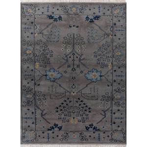 Alfombra de Lana Anudada a Mano Savana, Gris y Negra, con Diseño Abstracto de Medallón Rectangular, Hecha a Mano, Modelo LCARM-603, para Sala de Estar o Pasillo - Product Image 1