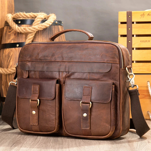 Vintage Genuine Leather Laptop Briefcase Crossbody Shoulder Bag Large Capacity Portable Korean Zipper Closure Durable Office Use - Product Image 1