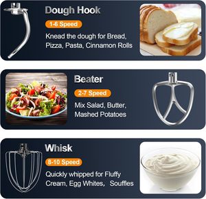 Batidora de Pedestal de 6.5QT, 3 Velocidades, Cabezal Inclinable, Carcasa de Hierro Fundido, Batidora de Cocina 3 en 1 con Tazón, Gancho para Masa, Batidor de Varillas, 300W - Product Image 2
