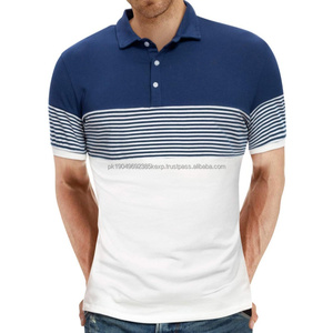 Polos de manga corta personalizados para hombre, camisetas de algodón a rayas con costuras de colores en contraste para deportes informales - Product Image 1