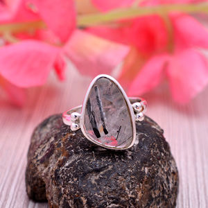 Christmas Gift Natural 925 Silver Black Rutile Quartz 18x12mm Uneven Oval Gemstone <b>Ring</b> 4.12 gm Sterling Silver Girl <b>Finger</b> <b>Ring</b> - Product Image 1