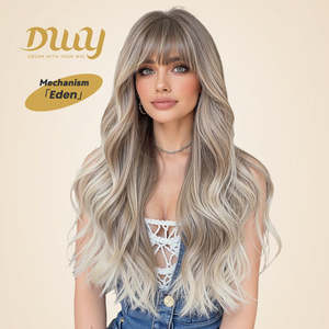 Peluca Sintética Ondulada Ombre Rubia de Alta Calidad Eden-DWY de 24 Pulgadas con Flequillo, Resistente al Calor y con Encaje Transparente, Peluca Corta - Product Image 1