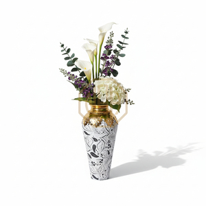 Vase à fleurs décoratif en fer pour le sol, style vintage côtier, design floral en émail, noir et blanc, métal, céramique, verre - Product Image 1