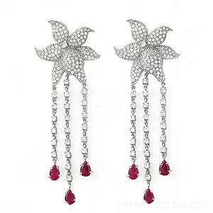 Boucles d'oreilles vintage pour femmes en argent plaqué or avec des gouttes de rubis, pierres principales géométriques en diamant et en perle pour mariage ou fête - Product Image 3