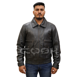 Veste en cuir noire gothique pour homme en gros avec col chemise et poches cargo |   Commandes en gros personnalisées - Product Image 5