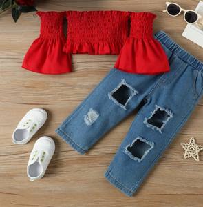 Hauts à épaules dénudées et pantalons en denim pour filles, tenues d'été pour enfants, hauts à manches courtes, pantalons longs à trous, ensembles de vêtements - Product Image 3