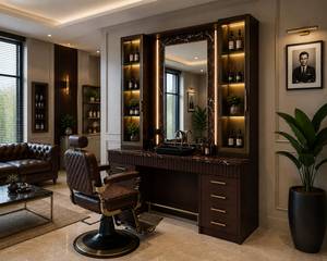 Estación de Estilismo de Barbería de Lujo en Color Marrón con Espejo LED, Estantes de Almacenamiento y Encimera, Muebles Profesionales Personalizados para Barbería - Product Image 5