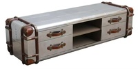 Table basse aviateur industriel Coffre à vapeur antique en aluminium Table de coffre ancienne argentée avec 4 tiroirs Coffres de rangement