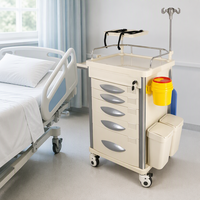 Chariot médical en aluminium avec 5 tiroirs verrouillables, séparateurs, garde-corps en acier inoxydable, support pour poteau IV, étagère pour défibrillateur et roues silencieuses. Utilisation en unité de soins intensifs/d'urgence hospitalière