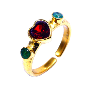Bague Coeur Réglable en Argent Sterling 925 Plaqué Or Grenat Émeraude Pierres Précieuses Mode Doigt - Product Image 1