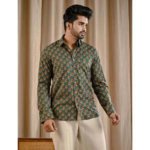 Chemise décontractée pour homme en coton vert imprimé à manches longues, tissu 100% popeline respirant et tissé avec motif à pois - Product Image 5