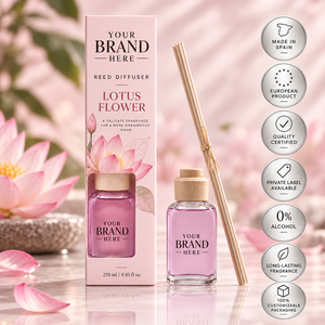 Difusor de Aroma con Varillas de Flor de Loto de Marca Privada 250ml OEM |   Fragancia Floral Oriental para el Hogar |   Hecho en España, UE - Product Image 1