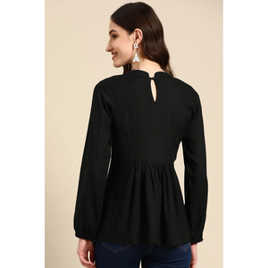 Haut en coton à manches longues pour femme avec broderie et dentelle, taille unique, motif floral, col asymétrique, disponible en noir et tailles XS - Product Image 5