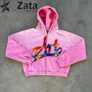 เสื้อฮู้ดผู้ชายสำหรับฤดูหนาวพลอยเทียมสีทึบปักลาย420จางหายไปจาก460 500 GSM แบบสวมหัว - Product Image 2