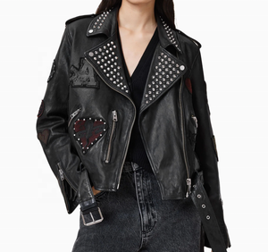 Chaqueta de Motociclista de Cuero Negra con Remaches y Parches, Cierre de Cremallera, Unisex, Corte Ajustado, Estilo Otoño-Invierno - Product Image 1