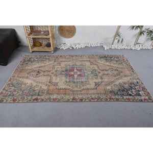 Tapis turc Vintage Beige 4.1 X 7.1ft fait à la main en peluche Pile hauteur laine fourrure Latex rectangulaire Patchwork pour chambre pour les adolescents - Product Image 2