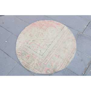 Alfombra Turca Redonda de 2.9x2.9 pies (88x88 cm), Alfombra de Lana Blanca Vintage con Diseño Floral - Product Image 2