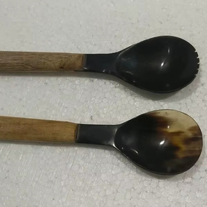 Cuillère à café, thé et vin en corne de buffle naturelle et en bois, ensemble de cuillères en corne, ustensiles de cuisine, lot de 2 pièces - Product Image 1