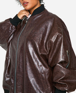 Chaqueta universitaria de cuero agrietado elegante de High Street al por mayor para mujer, ropa informal de invierno personalizable, chaqueta holgada para mujer - Product Image 5