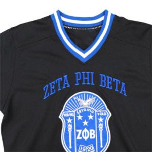 Camiseta de fútbol ZPB-Negro 100% Poliéster Zeta Phi Beta Jersey con logotipo bordado Mangas a rayas con cuello en V - Product Image 3