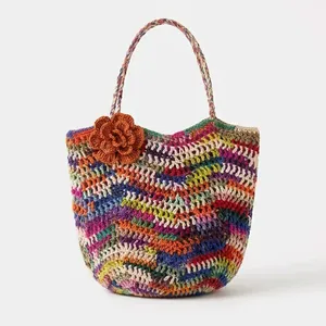 Sac à main en raphia fait main au crochet, motif zigzag coloré, sac fourre-tout en fil avec accent floral pour le bureau, les loisirs et les voyages - Product Image 1