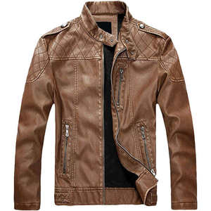 Mens Brown Faux Leather <b>Biker</b> <b>Jacket</b> Quilted Shoulder Zip Up Slim Fit Motorcycle Style PU Leather <b>Jacket</b> - Product Image 1