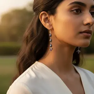 Boucles d'oreilles pendantes en argent 925 avec perle et améthyste pour femmes, produit cadeau tendance - Product Image 2