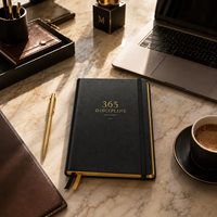 LABON Agenda de Discipline Personnalisé 365 Jours, Planificateur d'Objectifs de Luxe à Couverture Rigide Noire, Journal de Productivité Quotidienne avec Bordure Dorée, Marque Privée