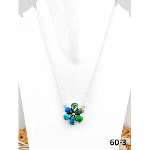 Southwest Style Peacock Dahlia <b>Opal</b> <b>Necklace</b> Handmade with Sterling Silver & Bezel Setting Flower Pattern - Product Image 1