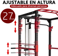 Jaula de Potencia Multifuncional de Metal Ajustable con Rack para Sentadillas, Barra de Dominadas, Estación de Fondos y Agarre para Remo, Máquina Multipower para Gimnasio en Casa