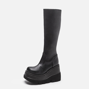<span class=keywords><strong>Bottes</strong></span> mi-mollet pour femmes, tendance actuelle, de qualité supérieure, à large tige, à talons compensés, avec fermeture éclair, élégantes, pour l'hiver, noires - Product Image 2