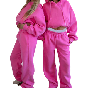 Ensemble de survêtement pour femmes, logo personnalisé OEM, hiver 2025, nouvelle collection de vêtements de sport, 2 pièces, couleur unie rose, sweat-shirts à capuche oversize, survêtement pour femmes - Product Image 1