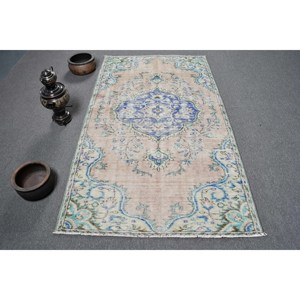 Tapis turc vintage traditionnel bleu beige 3.8x6,8 pieds motif patchwork tissage plat laine PP pour décorations de salon 4m latex - Product Image 1