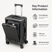 Valise rigide à ouverture frontale avec cadre en aluminium, roulettes pivotantes, 20 pouces, pour voyages d'affaires